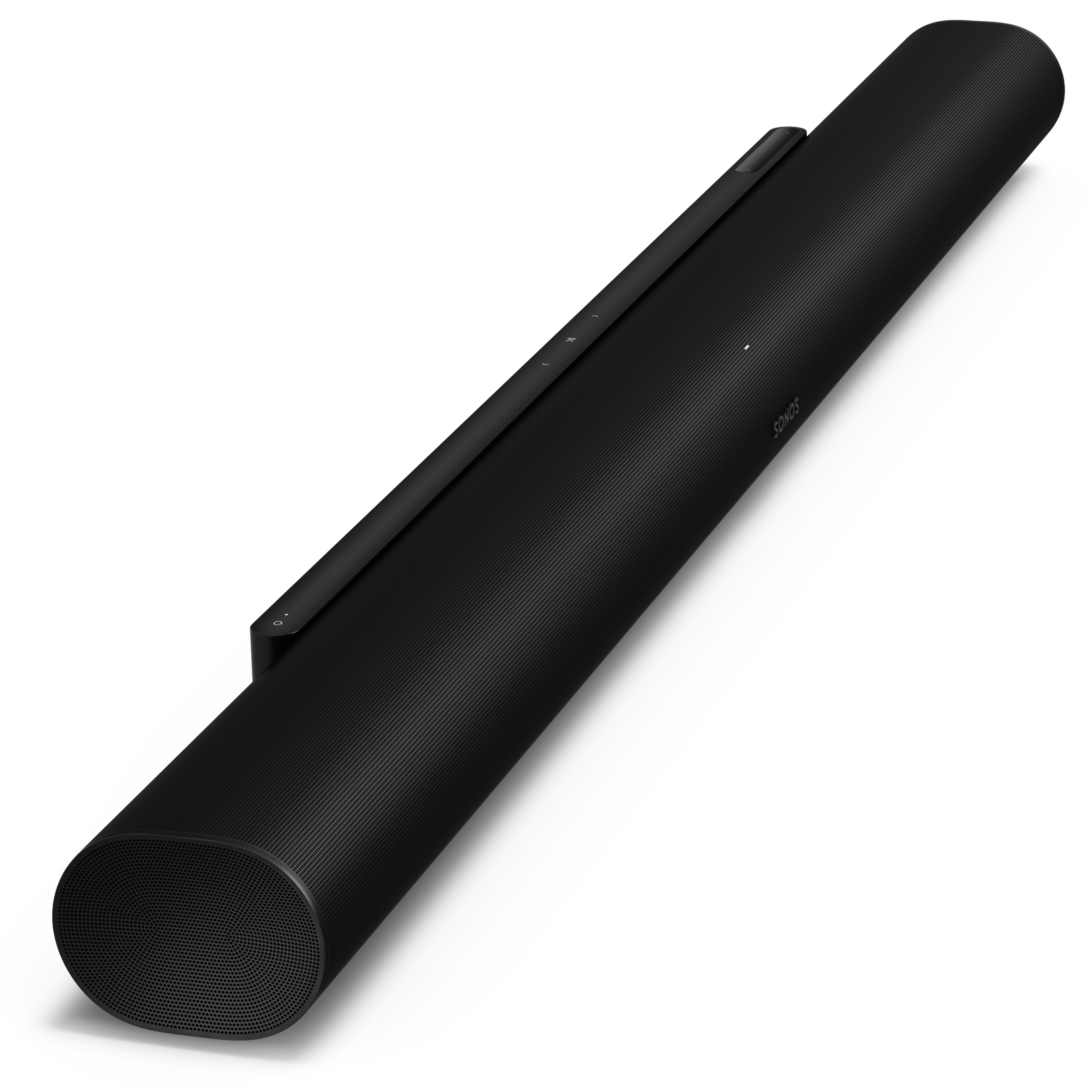 Dessus d'une Sonos Arc Ultra noire orientée de biais, vue côté gauche