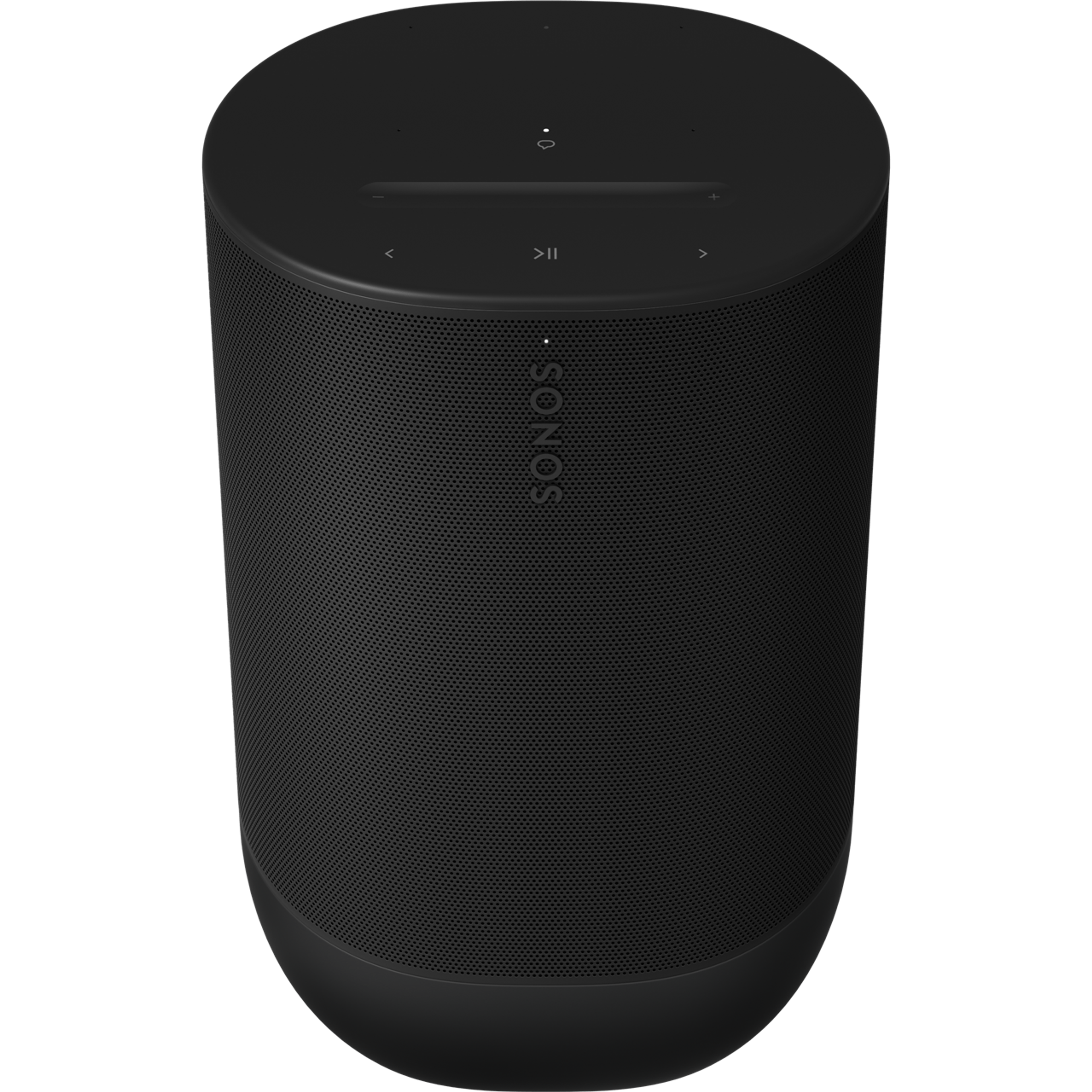 Musta Sonos Move 2 edestä ja päältä kuvattuna ja alas kallistettuna