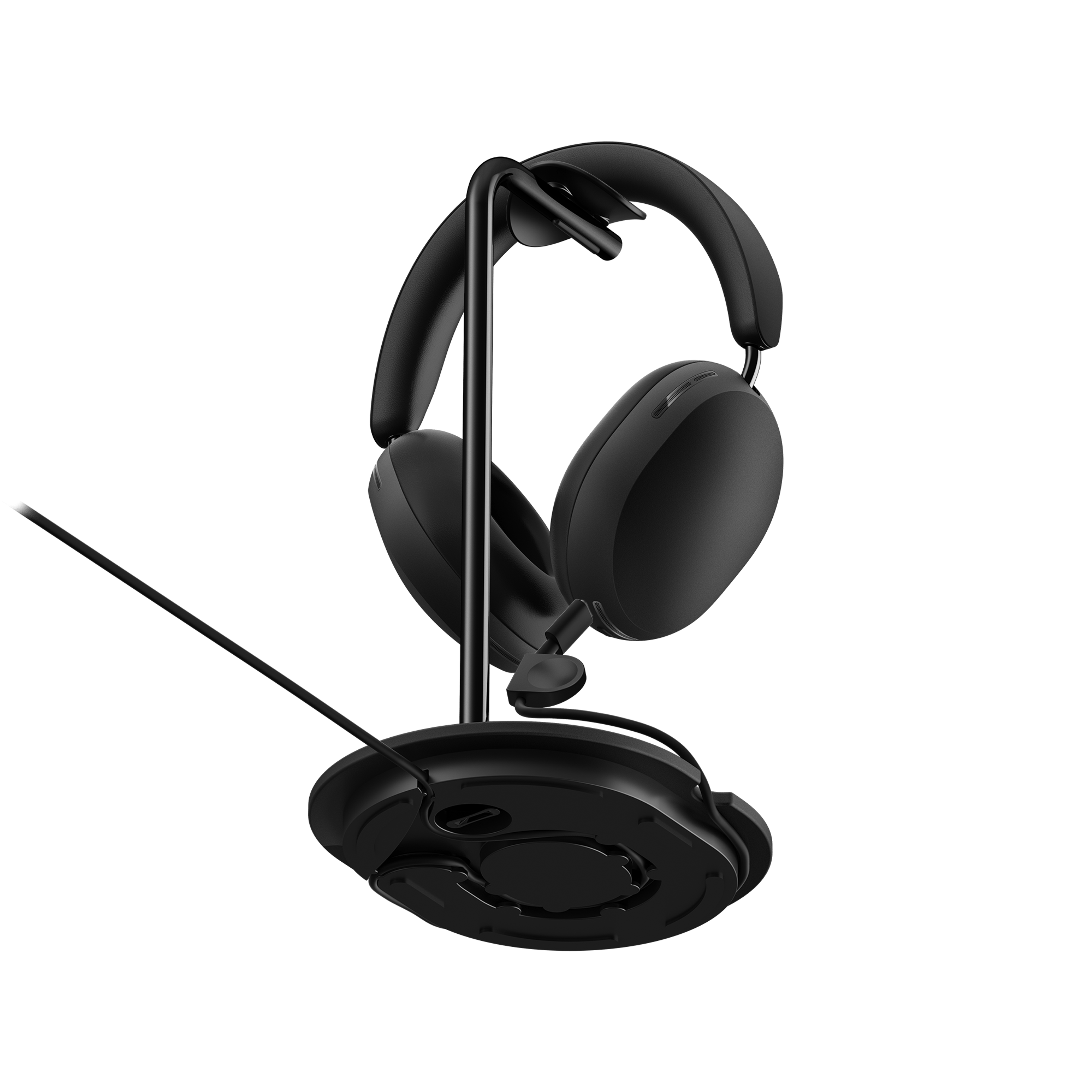 Bottom view of black Sonos Ace headphones on Sanus Stand for Sonos Ace with cable showing