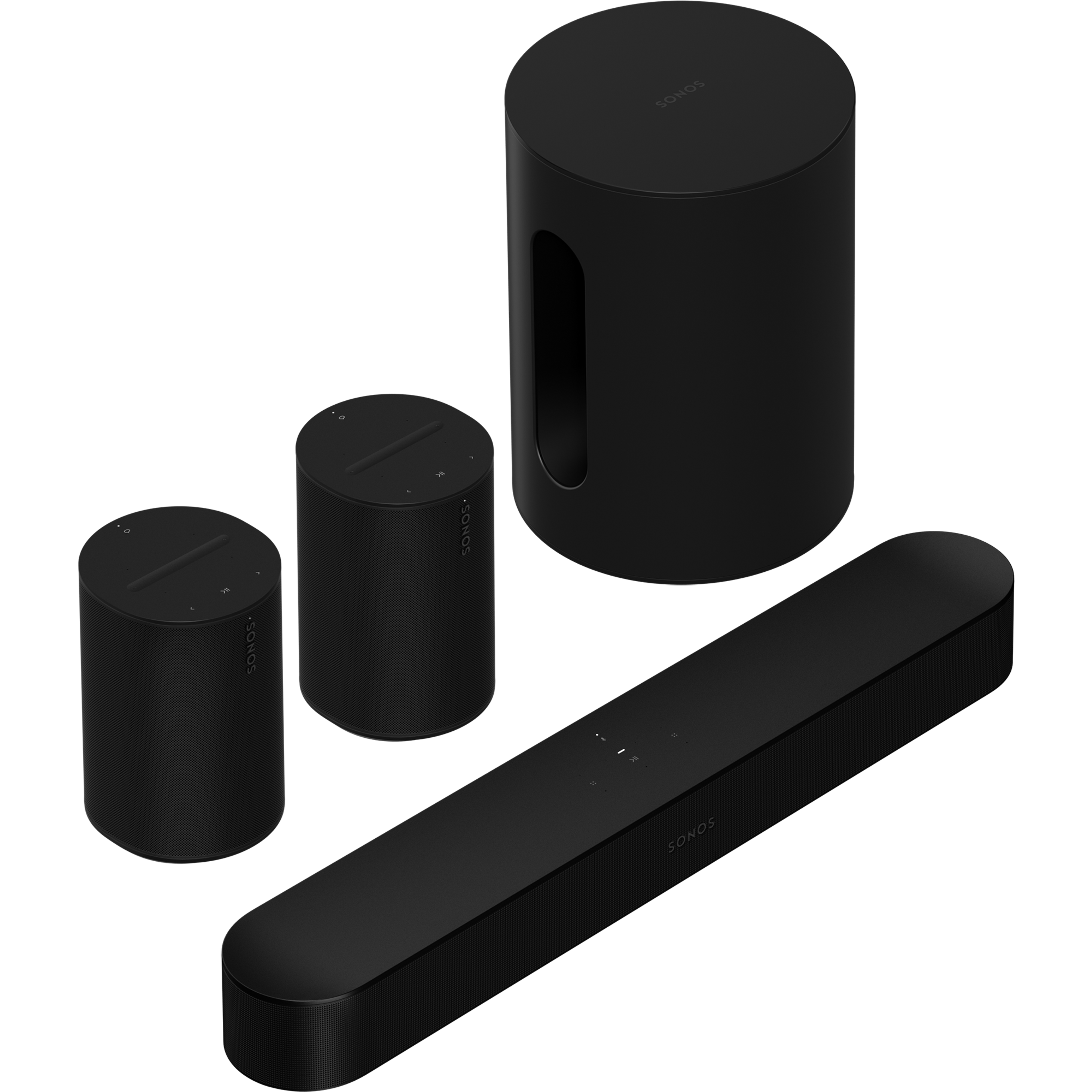 Sonos Beam, Sub Mini et deux Sonos Era 100 en noir